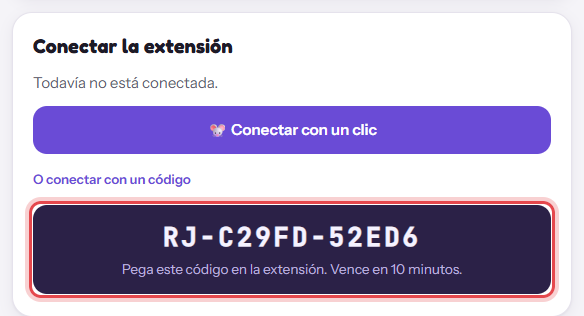 Página Ajustes da extensão com um código de conexão que começa com RJ (imagem em espanhol)