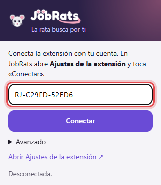 Janela da extensão JobRats com o código colado no campo (imagem em espanhol)