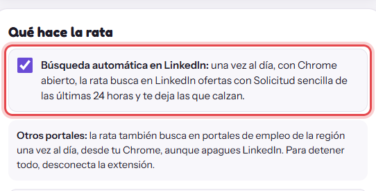 Caixa «Busca automática no LinkedIn» marcada nos Ajustes da extensão (imagem em espanhol)