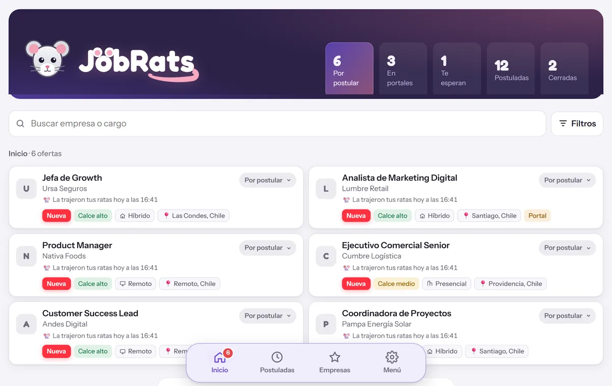 La app de JobRats: tus números arriba y las ofertas que te trajeron tus ratas, listas para postular